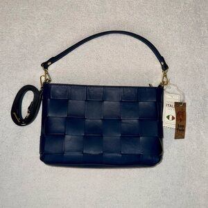 Anna Paola Leather Basketweave Zip Top Brit Shoulder Bag Made in Italy Navy Blue